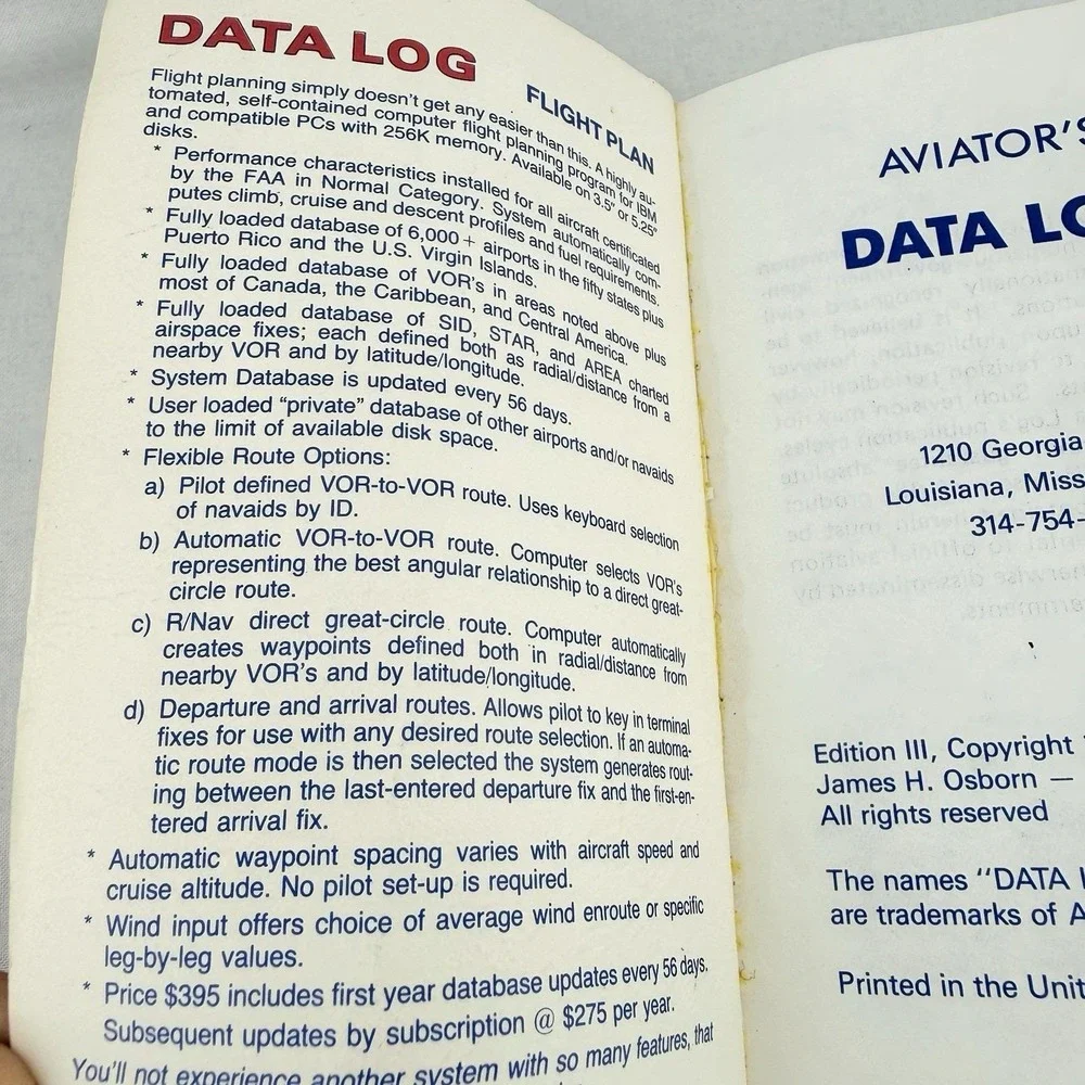 Vintage Aviator's Data Log Pilot Flight Planner 1989 Book Edition III USA Osborn